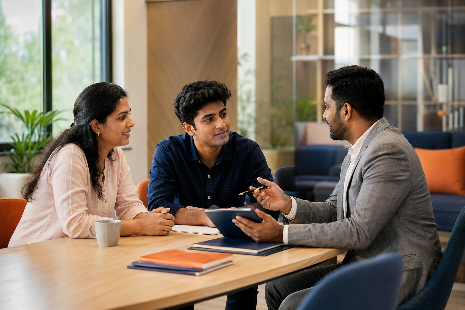 A student and parent discussing admission options with a counsellor